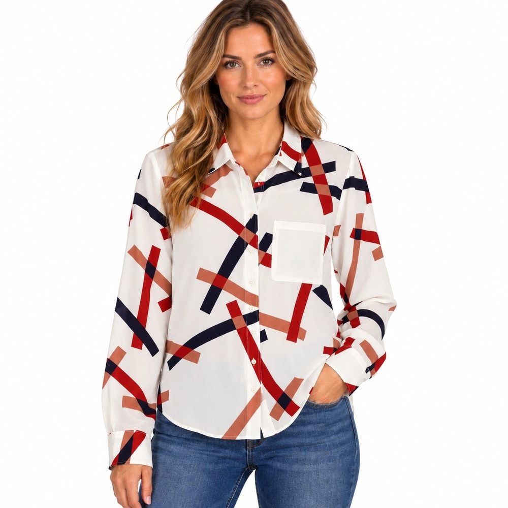 Lulus Blouse Women Large White Multicolor Geometric Abstract Long Sleeve VT3791